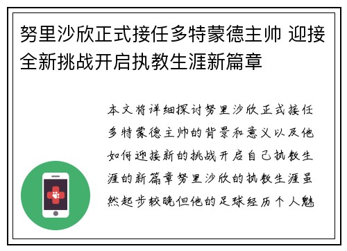 努里沙欣正式接任多特蒙德主帅 迎接全新挑战开启执教生涯新篇章